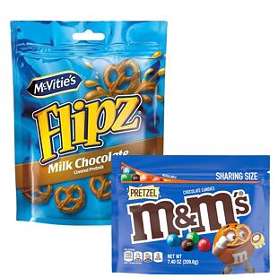 M&M's bonbonky z čokolády s příchutí preclíků 210 g + Flipz preclíky v mléčné čokoladě 90 g